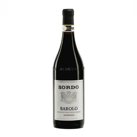 A bottle of Sordo Monprivato Barolo wine with a label that includes the brand name 'Alberta' and the grape variety 'Barolo'.