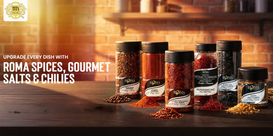 Tita Italia blog banner showcasing ROMA gourmet spices, artisan finishing salts, and chili flakes on a rustic wooden countertop.
