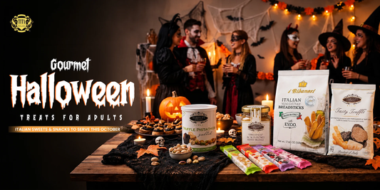 Tita Italia blog banner titled Gourmet Halloween Treats for Adults featuring Tartufi Jimmy truffle pistachios, Italian breadsticks, nougat, and truffle honey.   