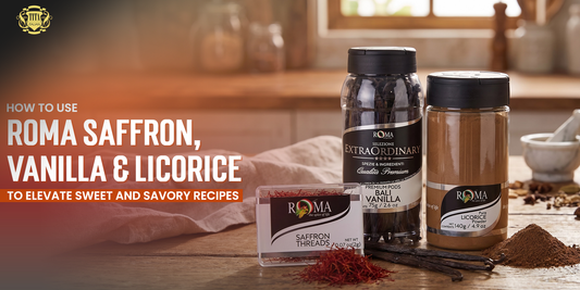 Tita Italia blog banner titled How to Use ROMA Saffron, Vanilla and Licorice to Elevate Sweet and Savory Recipes with full product jars.