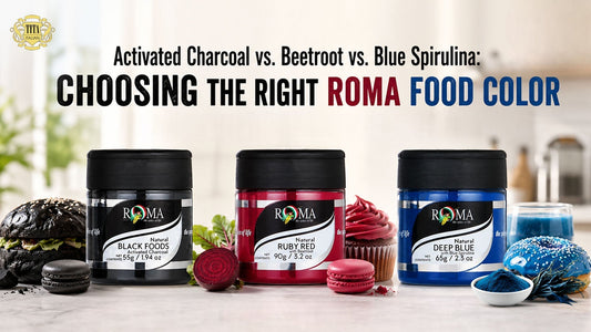 Tita Italia blog cover banner titled Choosing the Right ROMA Food Color showcasing jars of Activated Charcoal, Ruby Red Beetroot, and Deep Blue Spirulina.