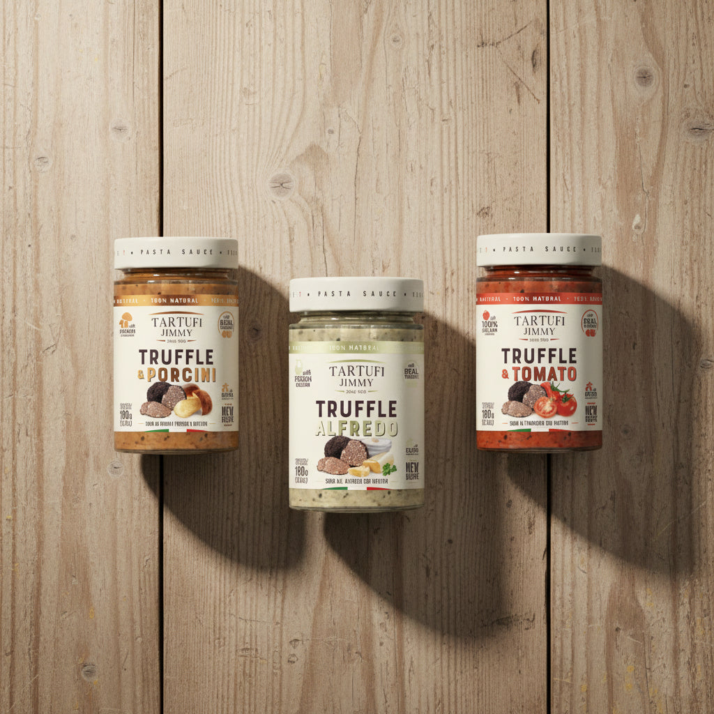 Three jars of Truffle Jimmy truffle products on a wooden background