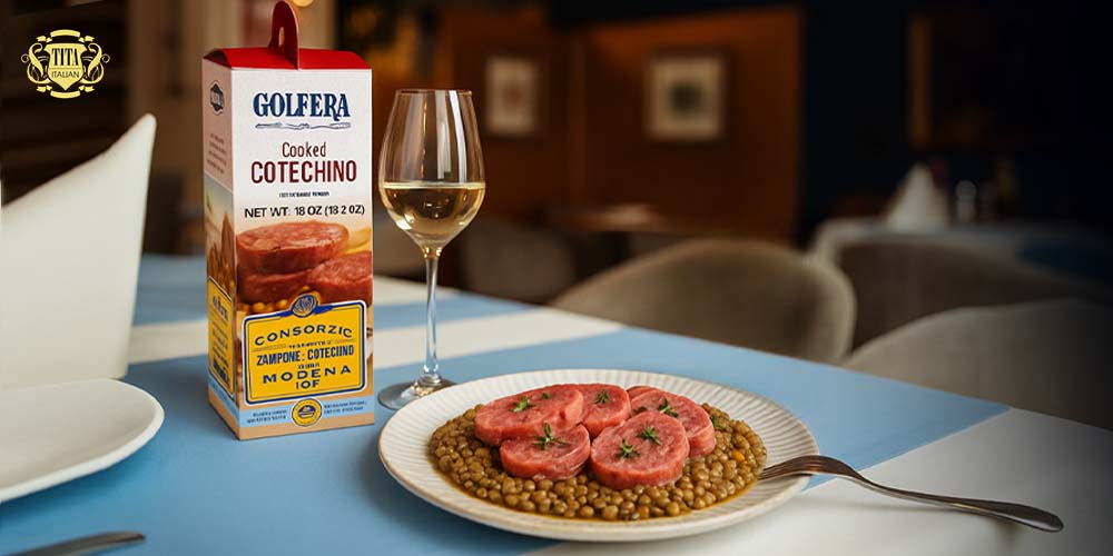 Golfera Cotechino packaging with a plate of food and wine glass on a table.
