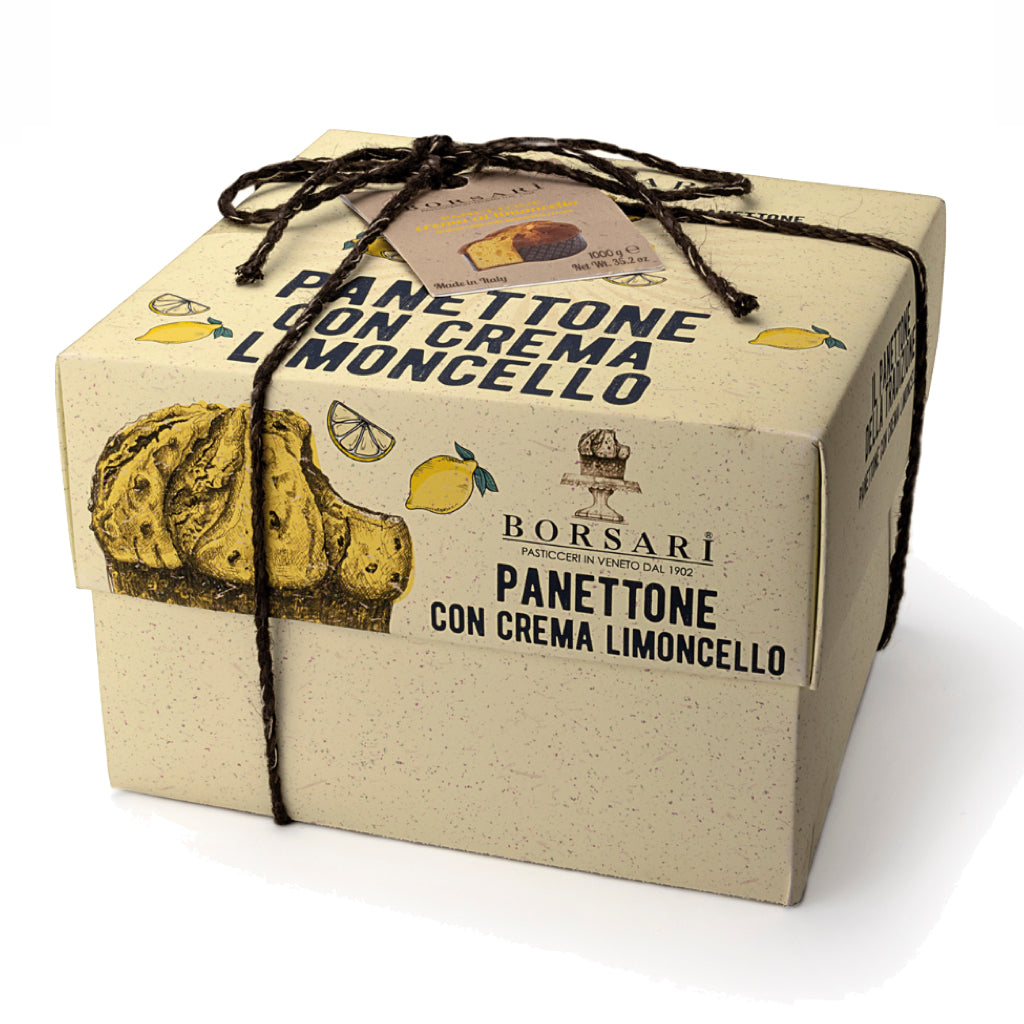 Panettone with limoncello cream packaging by Borsari on a white background