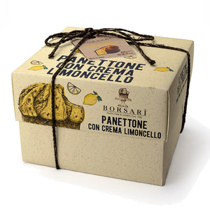Panettone with limoncello cream packaging by Borsari on a white background