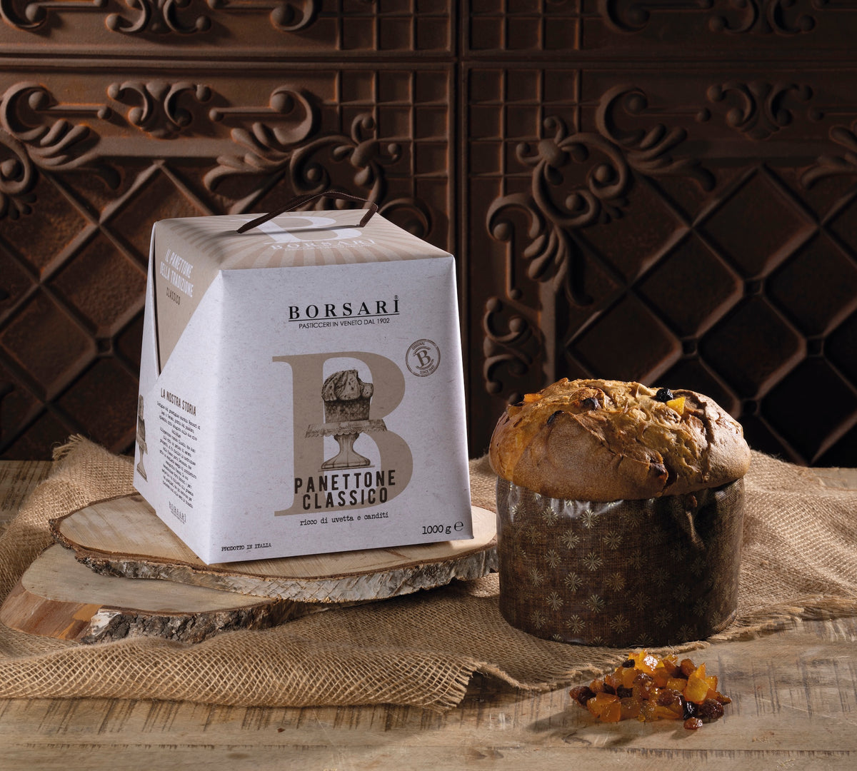 Traditional Italian Christmas panettone with raisins and candied citrus peel
