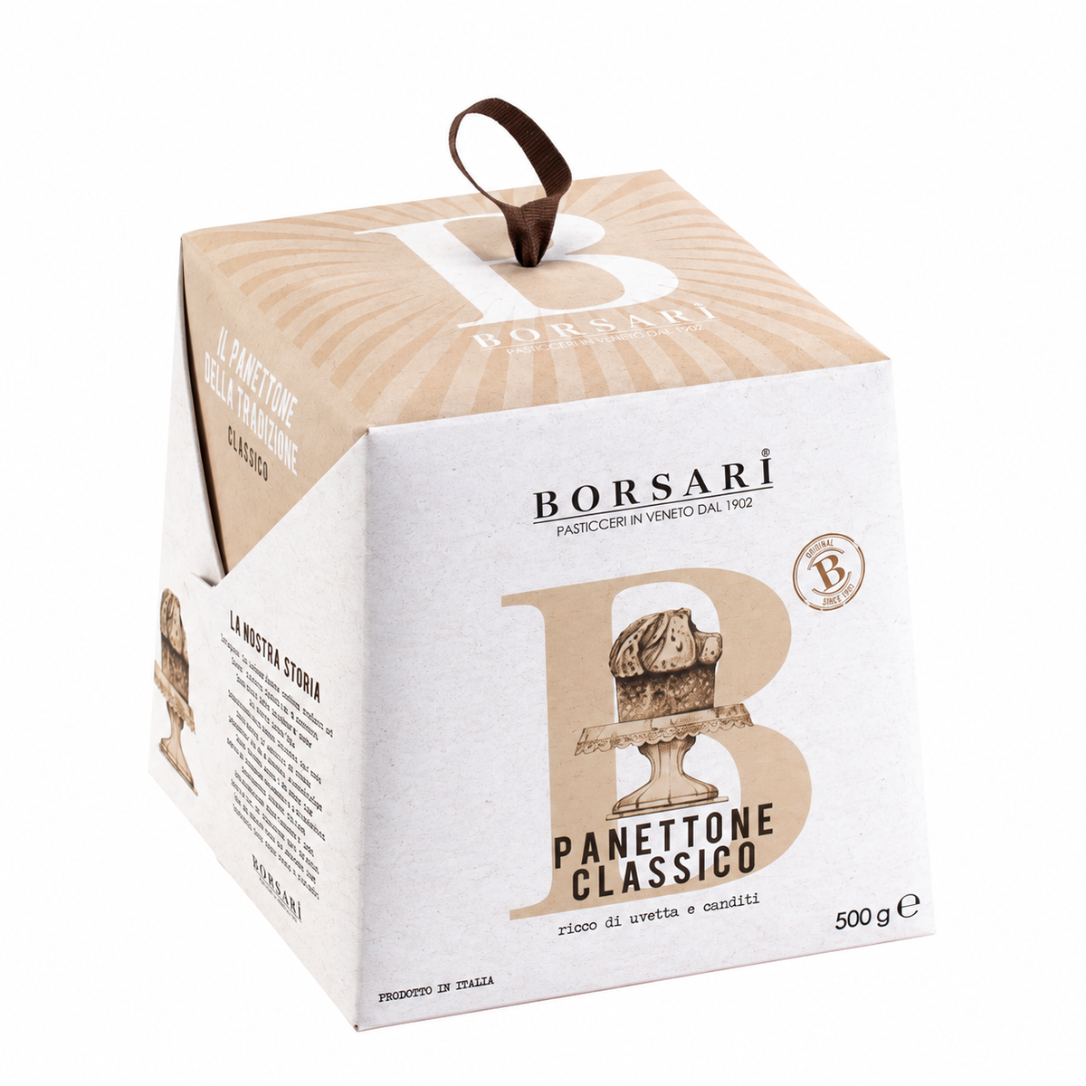 Borsari Panettone Classico Alto 500 g in cream-colored box with carrying handle