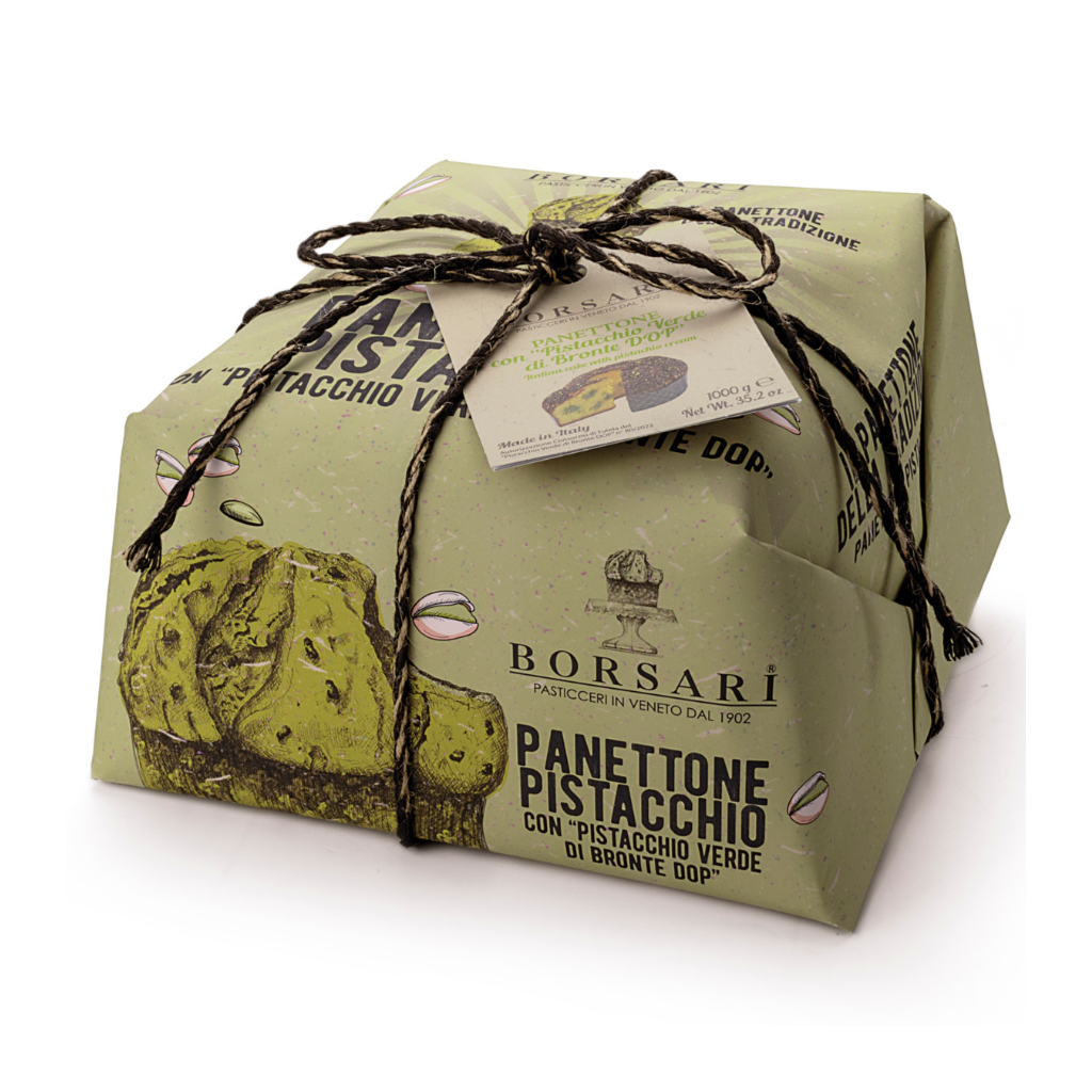 Borsari Italian pistachio panettone with Bronte PDO pistachio cream, dark chocolate coating and cocoa nibs on a white background