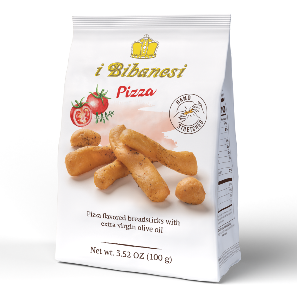 A 100g white stand-up pouch of i Bibanesi Pizza breadsticks, featuring illustrations of tomatoes and photos of the golden-brown stretchy breadsticks inside, on a clean white background.