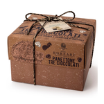 A square brown cardboard box of Borsari Panettone Tre Cioccolati, tied with a twine bow and featuring a small paper tag, photographed on a white background.