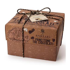 A square brown cardboard box of Borsari Panettone Tre Cioccolati, tied with a twine bow and featuring a small paper tag, photographed on a white background.