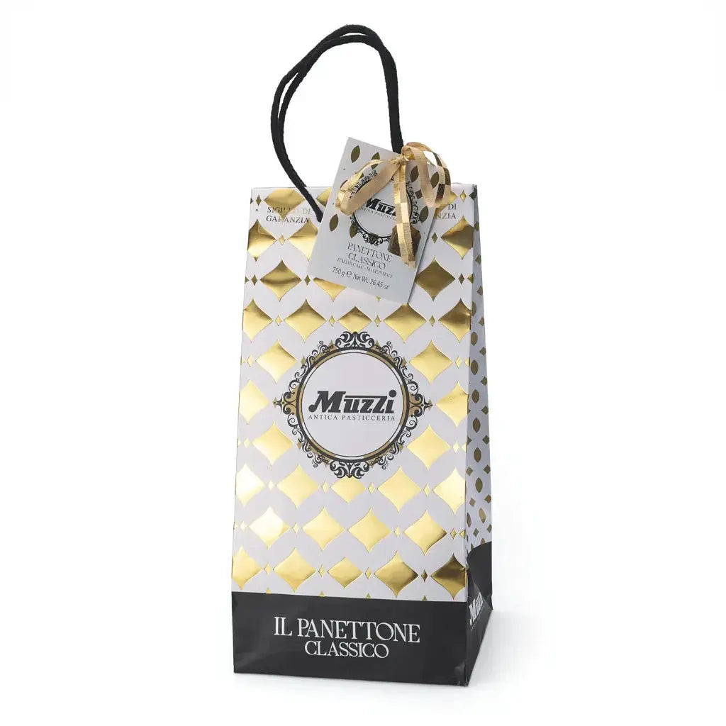 Packaged panettone cake in an elegant shopper bag with 'MUZZI' branding and 'Il PaneRamo Classico' written on the front, indicating it is a traditional Italian festive cake.