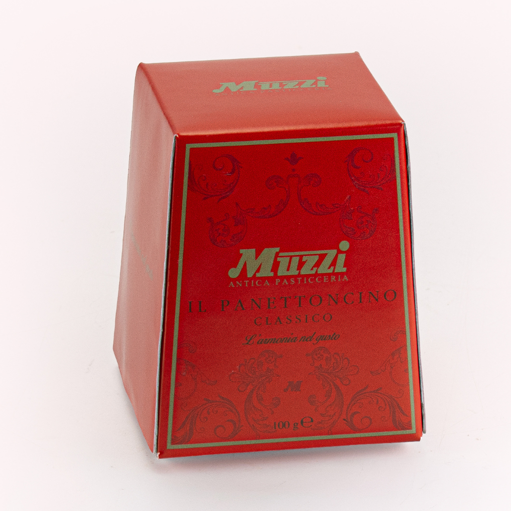 A red rectangular box of Muzzi Antica pasticceria Il Panettoncino Classico muzzini, featuring green decorative borders and lettering, set against a plain white background.