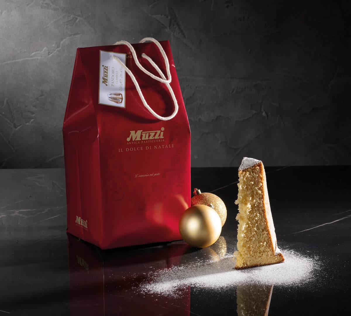 Italian Christmas pandoro cake with powdered sugar packet by Muzzi