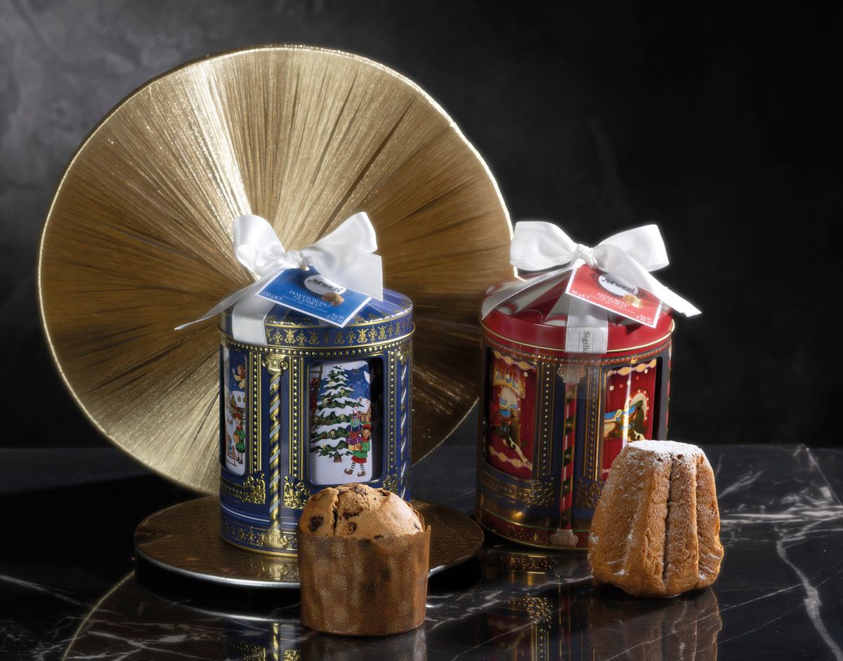 Muzzi Panettoncino and pandorino Classico in decorative green and gold Christmas tin