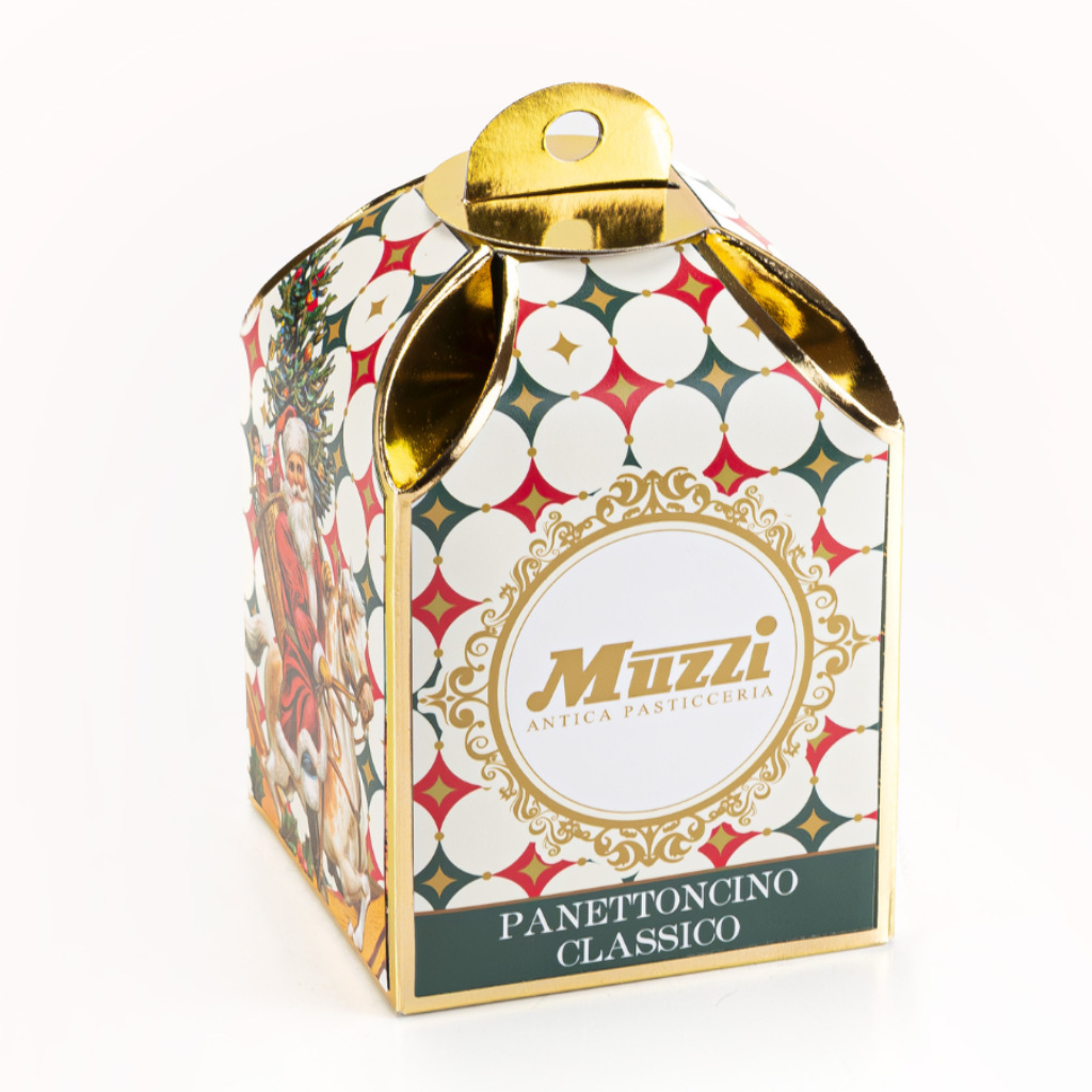 A decorative Muzzi Antica Pasticceria Panettoncino Classico gift box, featuring a festive pattern of red, green, and white circles with gold foil accents and a gold hanging loop at the top, set against a plain white background.