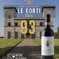 A wine bottle for Chianti Classico Annata Le Corti 2024 is shown in the foreground against a background photo of the Le Corti villa and lawn. Large gold text reads '93 PTS' and 'Chianti Classico Annata LE CORTI 2024.
