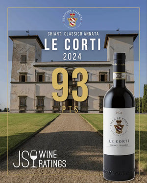 A wine bottle for Chianti Classico Annata Le Corti 2024 is shown in the foreground against a background photo of the Le Corti villa and lawn. Large gold text reads '93 PTS' and 'Chianti Classico Annata LE CORTI 2024.