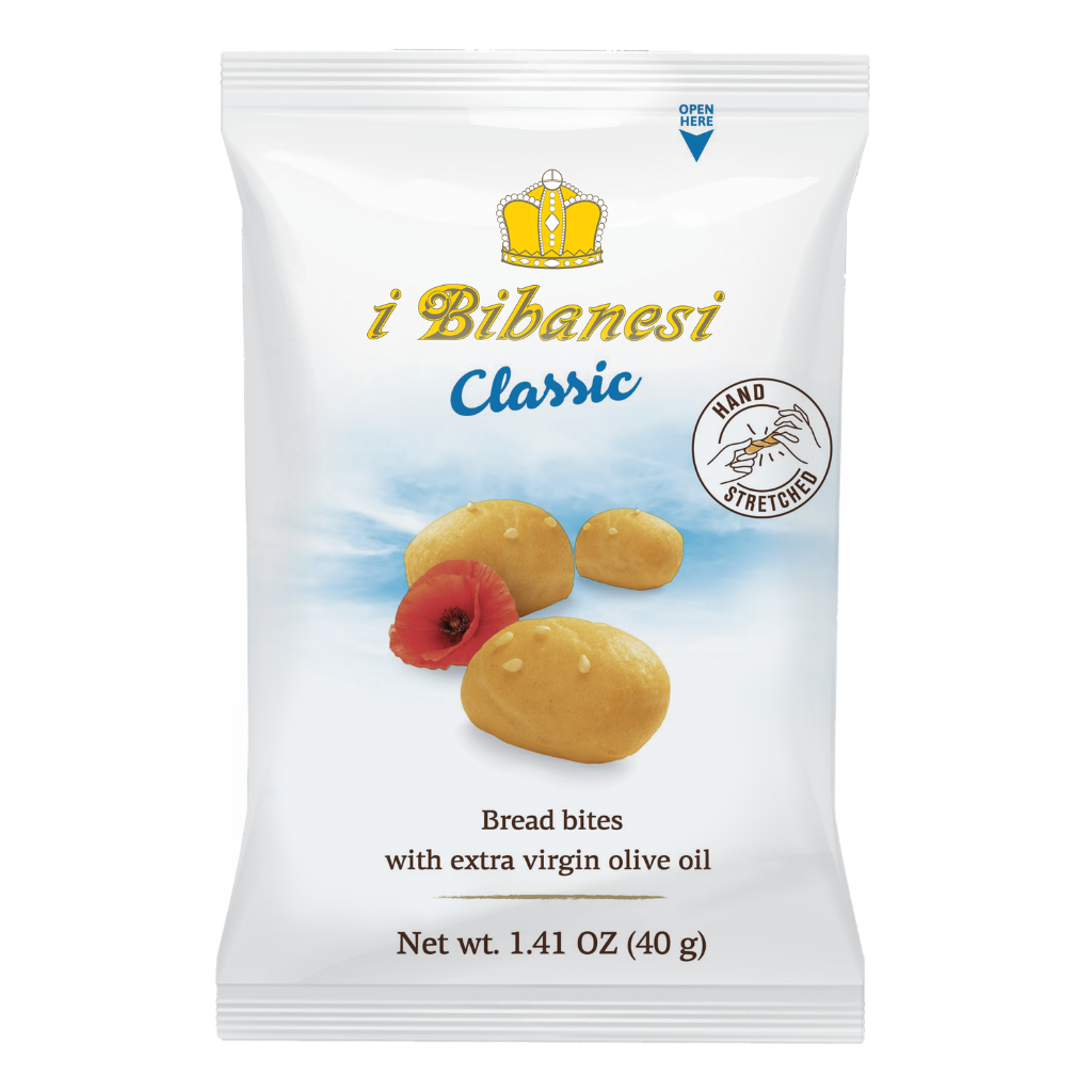 A package of i Bibanesi Classic Hand Stretched Bread Bites with extra virgin olive oil, featuring a white bag with a gold crown logo and illustrations of golden bread bites and a red flower.