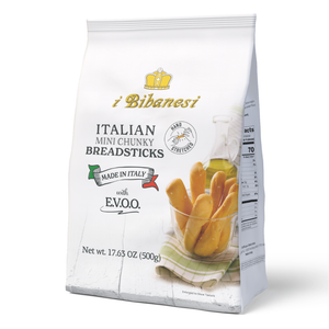 A 500g white bag of i Bibanesi Italian Mini Chunky Breadsticks, featuring a graphic of golden-brown breadsticks in a glass bowl on a white wood-textured background.