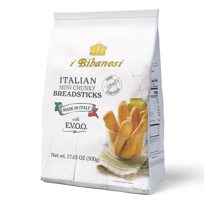 A 500g white bag of i Bibanesi Italian Mini Chunky Breadsticks, featuring a graphic of golden-brown breadsticks in a glass bowl on a white wood-textured background.