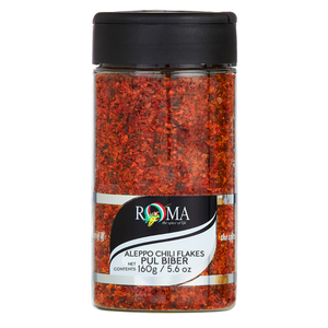 Jar of Aleppo chili flakes with Roma branding on a white background