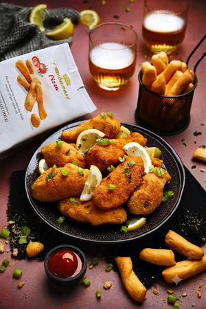 Crispy golden-brown breaded fish sticks served on a black plate with lemon slices and chopped green onions, set on a dark table with a bag of Pizza breadsticks I Bibanesi, fries in a basket, and glasses of beer.