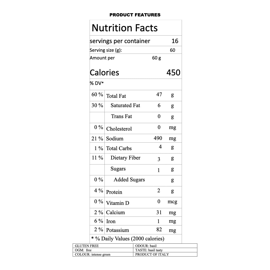 Anfosso - No Garlic Genovese Pesto with Basil DOP in EVO Oil - 2.09lb/950g - Nutrition Facts