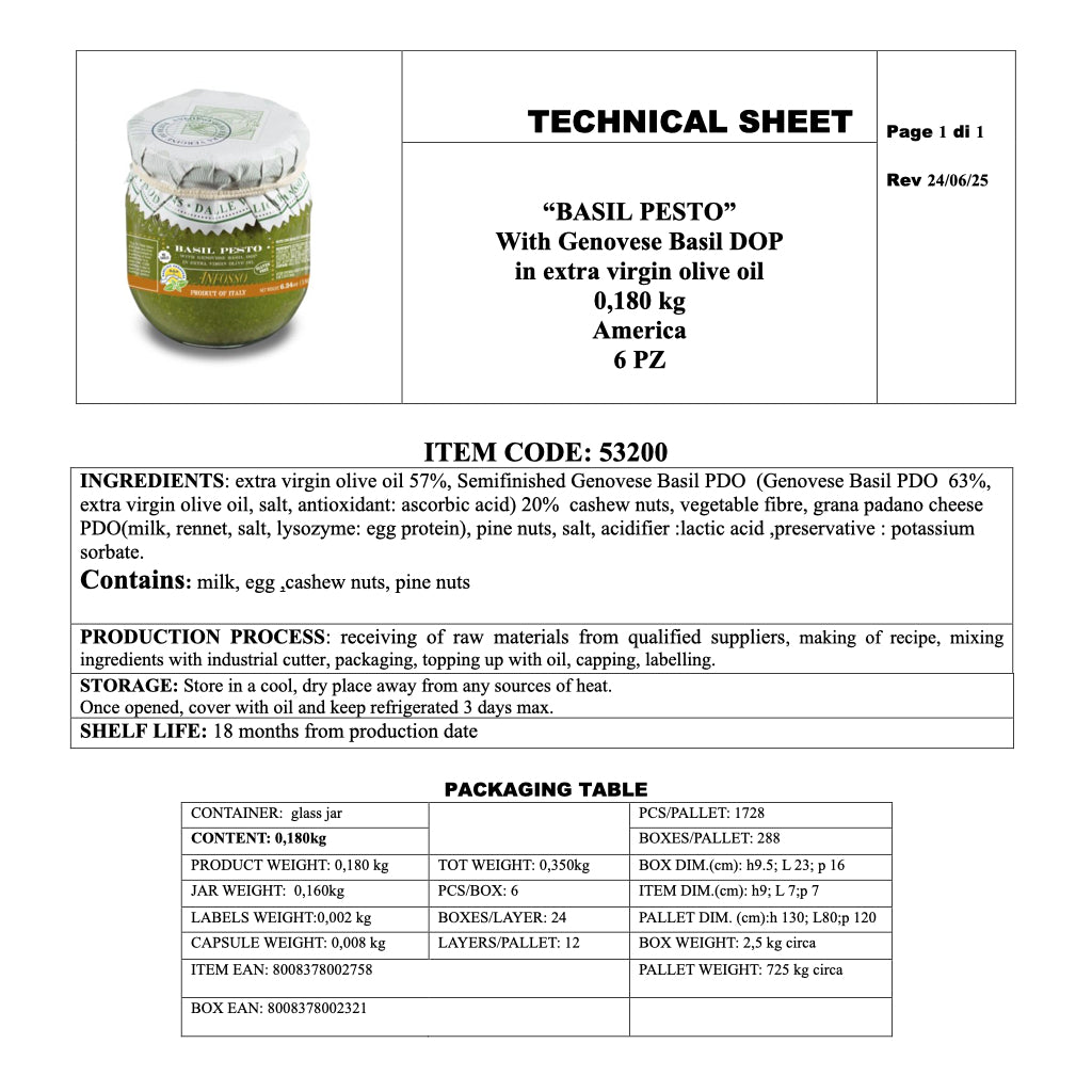 Anfosso - No Garlic Genovese Pesto with Basil DOP in EVO Oil - 6.34oz/180g - Technical Sheet