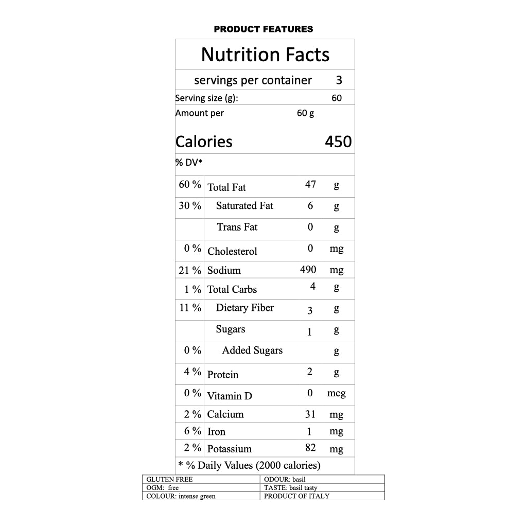 Anfosso - No Garlic Genovese Pesto with Basil DOP in EVO Oil - 6.34oz/180g -Nutrition Facts