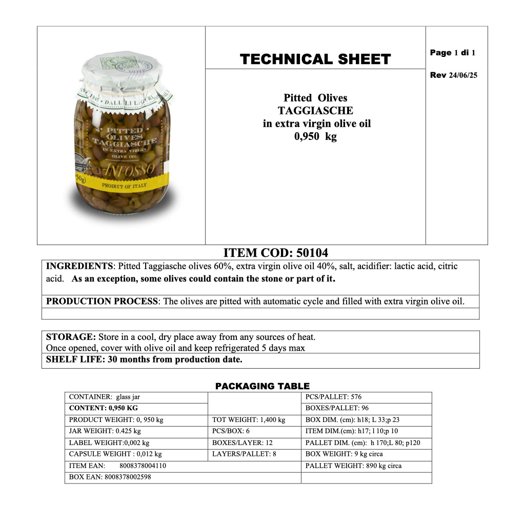 Anfosso -Taggiasche Pitted Olives in EVO Oil - 2.09lb/950g - Technical Sheet