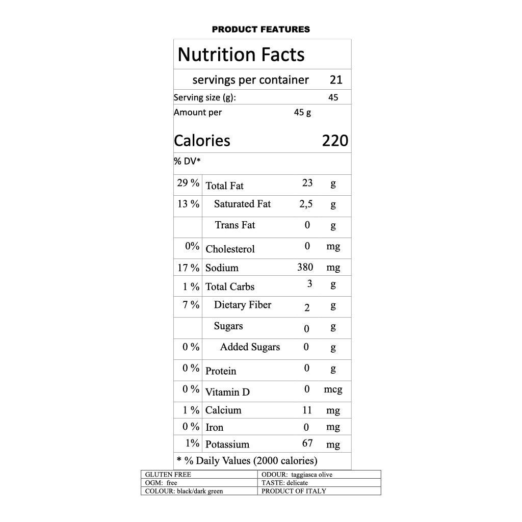 Anfosso -Taggiasche Pitted Olives in EVO Oil - 2.09lb/950g - Nutrition Facts