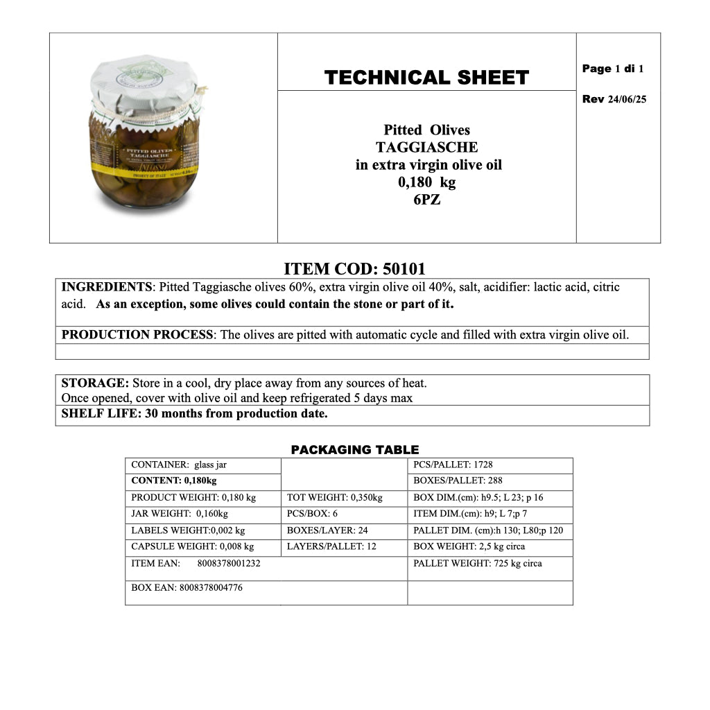 Anfosso -Taggiasche Pitted Olives in EVO Oil - 6.52oz/185g - Technical Sheet