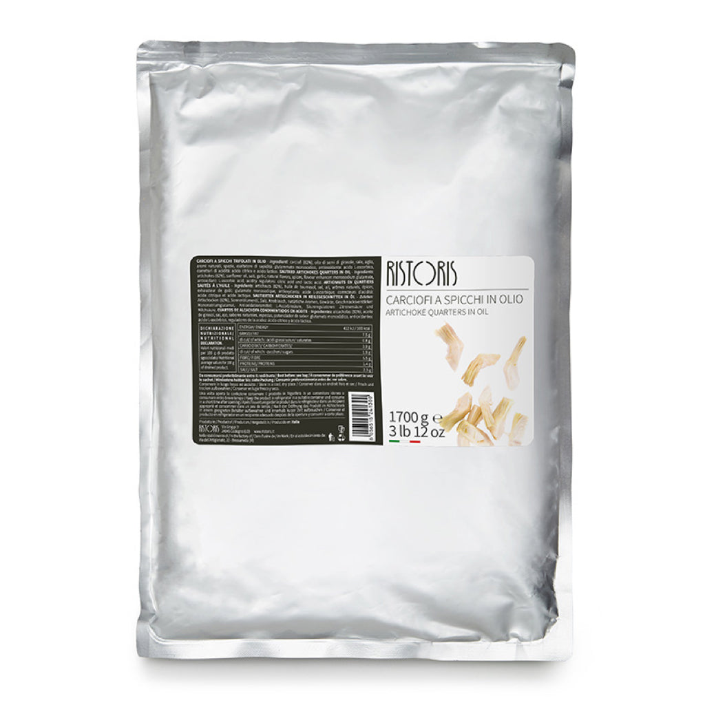 White packaging of Artichokeswith a label on a white background