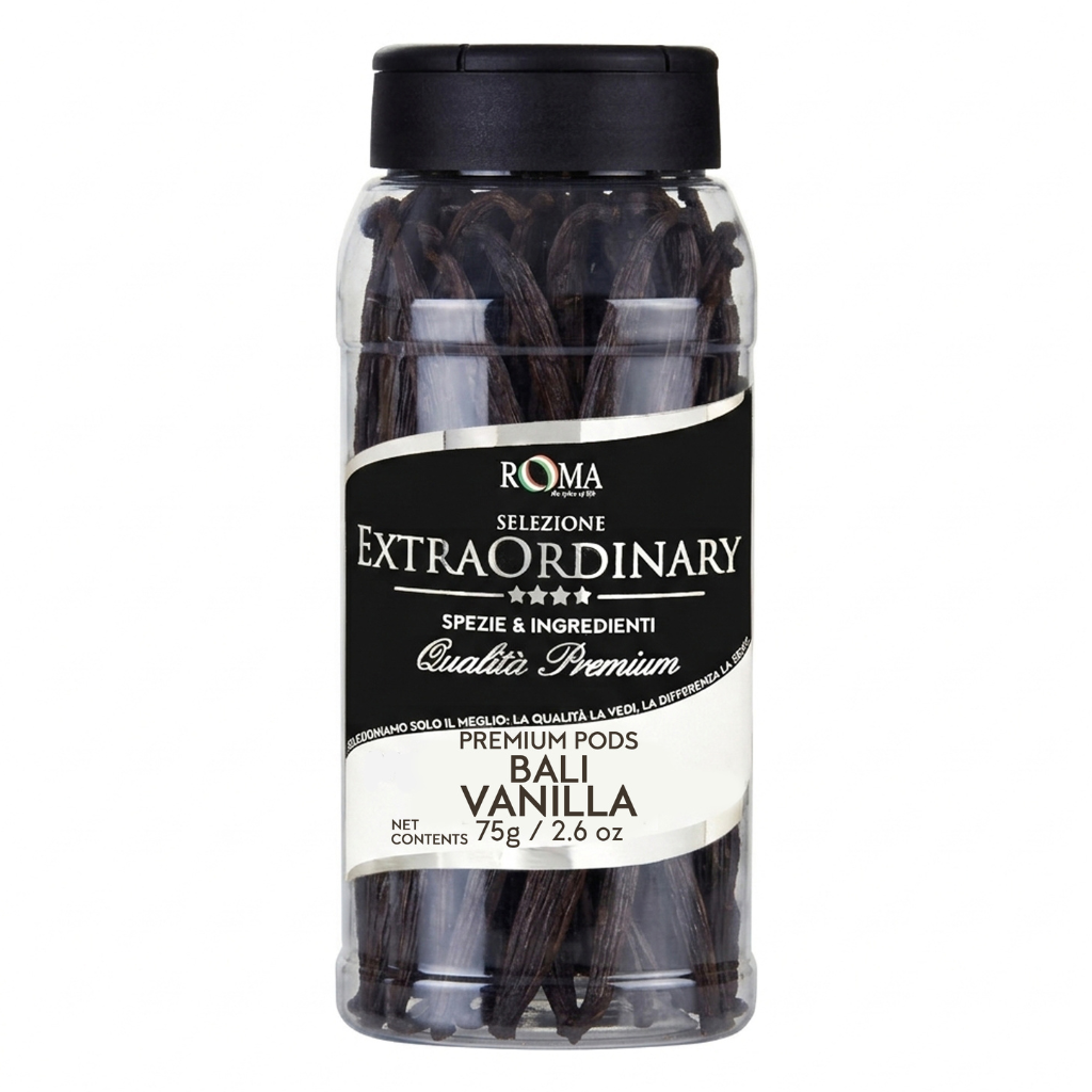 Jar of vanilla pods with a black lid and Roma label on a white background