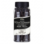 Jar of vanilla pods with a black lid and Roma label on a white background