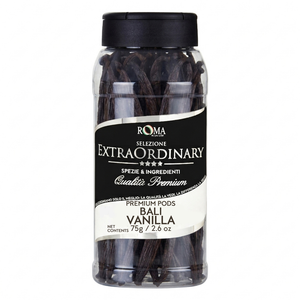Jar of vanilla pods with a black lid and Roma label on a white background