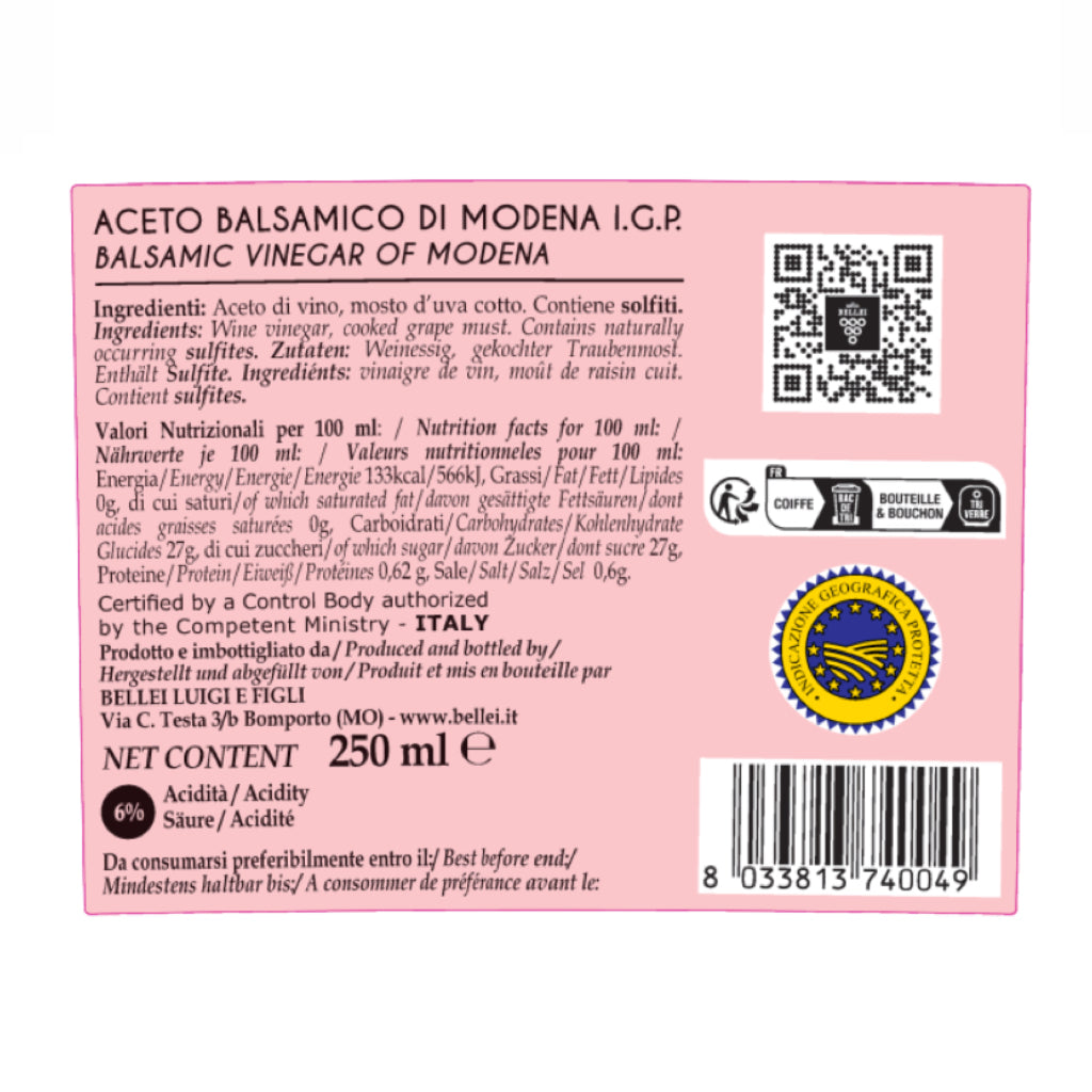back label pink of balsamic vinegar of modena