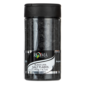 Jar of Roma Black Lava Salt Flakes on a white background
