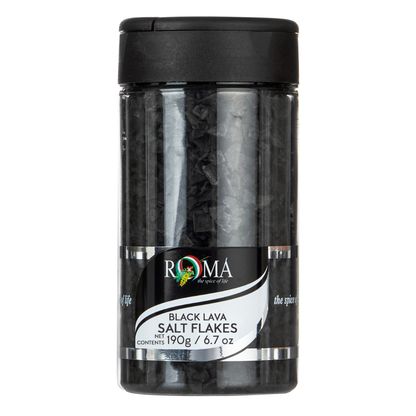 Jar of Roma Black Lava Salt Flakes on a white background