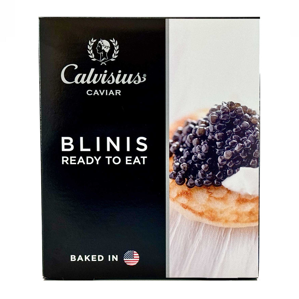 Calvisius Caviar blinis packaging with caviar on a blini.