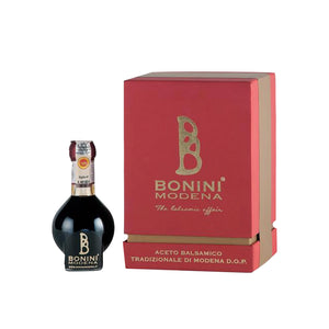 Bonini Traditional Balsamic Vinegar of Modena DOP 12 Years in open box, foreground on white background, box closed - Tita Italia Shop 