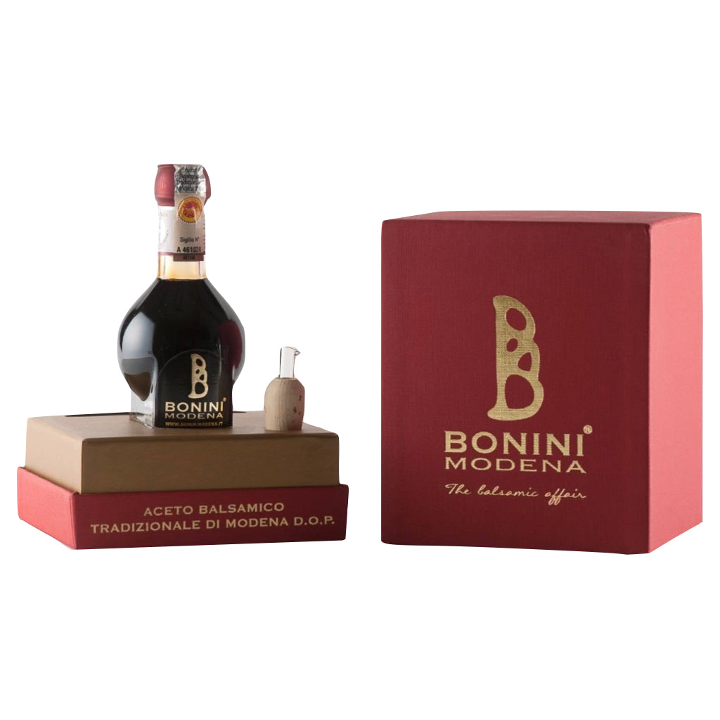 Bonini Traditional Balsamic Vinegar of Modena DOP 12 Years in open box, foreground on white background - Tita Italia Shop 