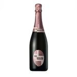 A bottle of Alta Langa Brut Rosé D.O.C.G sparkling wine with a pink label and cap, on a plain background.