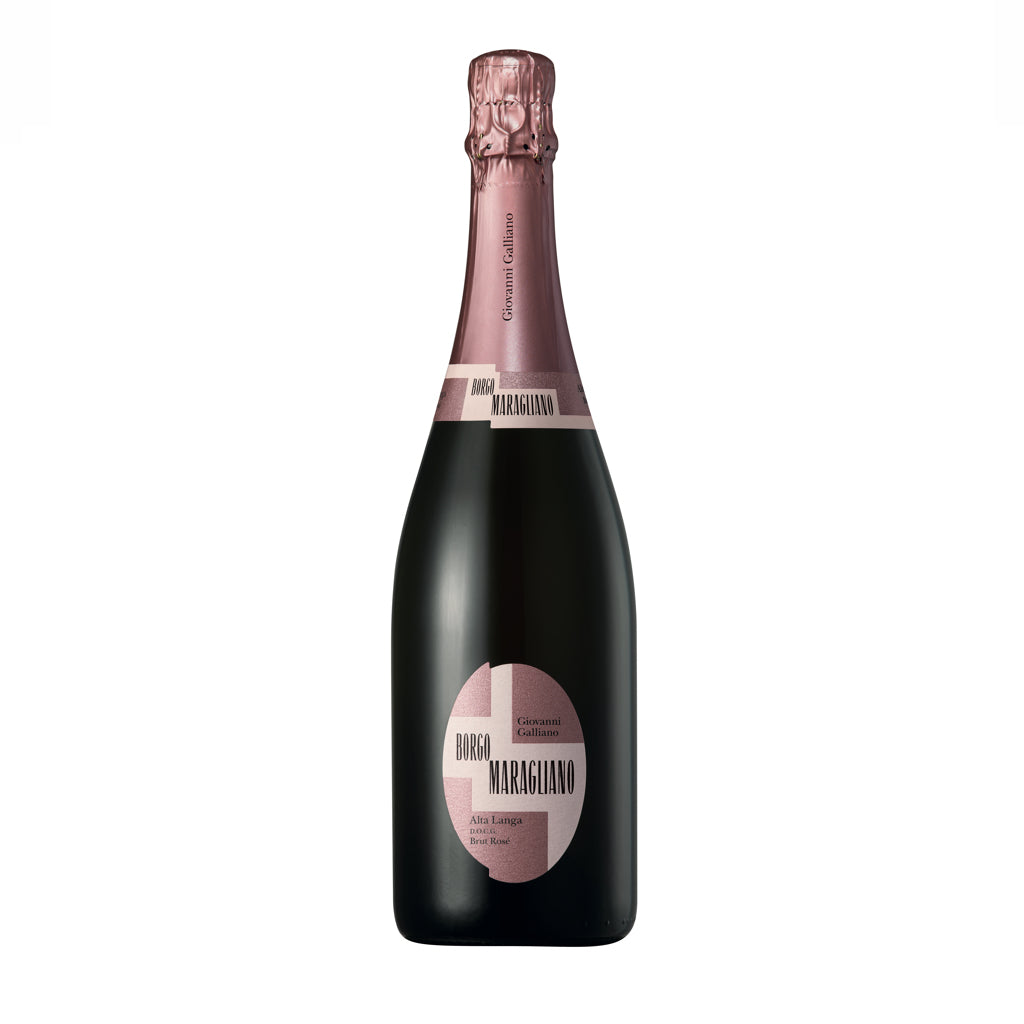 A bottle of Alta Langa Brut Rosé D.O.C.G sparkling wine with a pink label and cap, on a plain background.