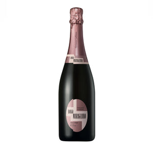A bottle of Alta Langa Brut Rosé D.O.C.G sparkling wine with a pink label and cap, on a plain background.