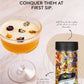 A jar of colorful flower compostable tablets next to a cocktail garnished with dried flower petals, with text reading 'CONQUER THEM AT FIRST SIP.' and additional usage suggestions.