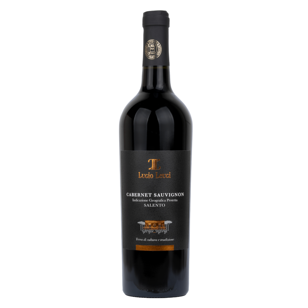 A bottle of Lucio Leuci Salento Cabernet Sauvignon Kosher red wine, featuring a dark glass bottle with a black label and gold lettering, set against a plain white background.