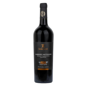 A bottle of Lucio Leuci Salento Cabernet Sauvignon Kosher red wine, featuring a dark glass bottle with a black label and gold lettering, set against a plain white background.