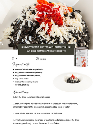 Carnaroli rice recipe with ricotta, cuttlefish ink, sundried tomatoes and EVOO
